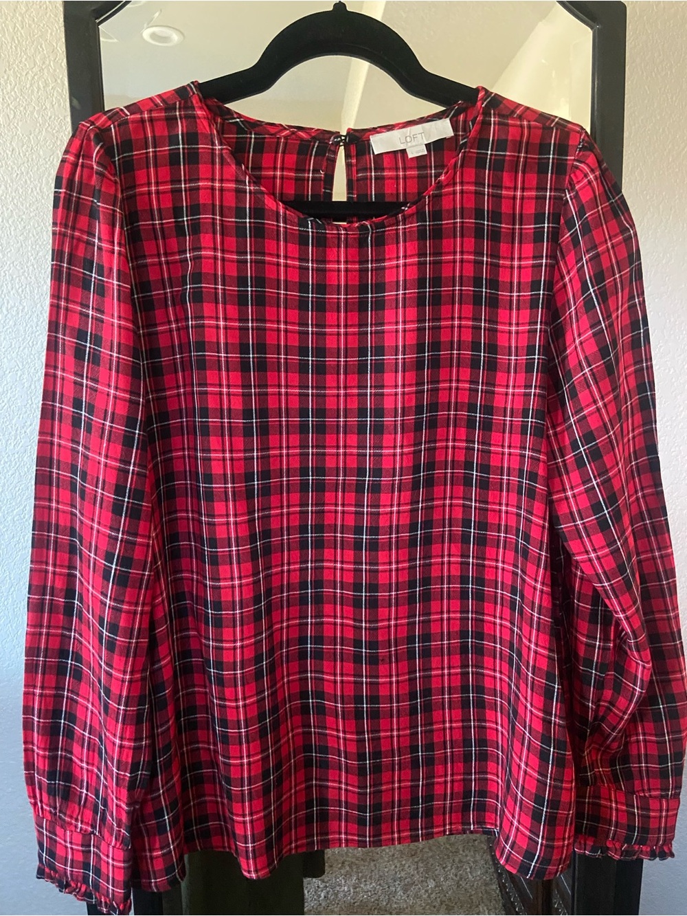 LOFT Red and Black Plaid Long-Sleeve Blouse